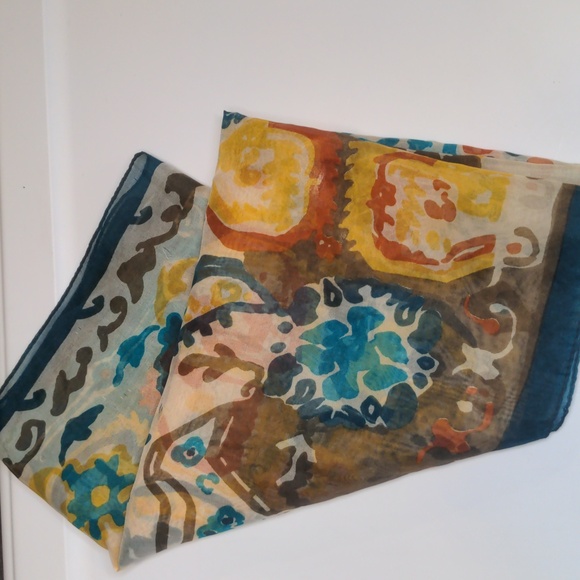 Vintage 70s Teal & Brown Scarf Sheer Aztec Print Western Boho Bandana - Picture 6 of 8